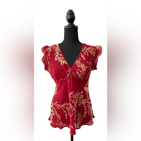 Helium Tops - Helium: Red V Neck Top with Lace Trim